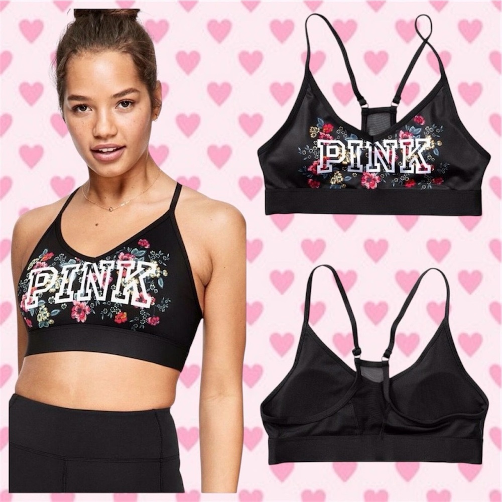 PINK Victoria's Secret Black Floral Sports Bra - Med 8-10